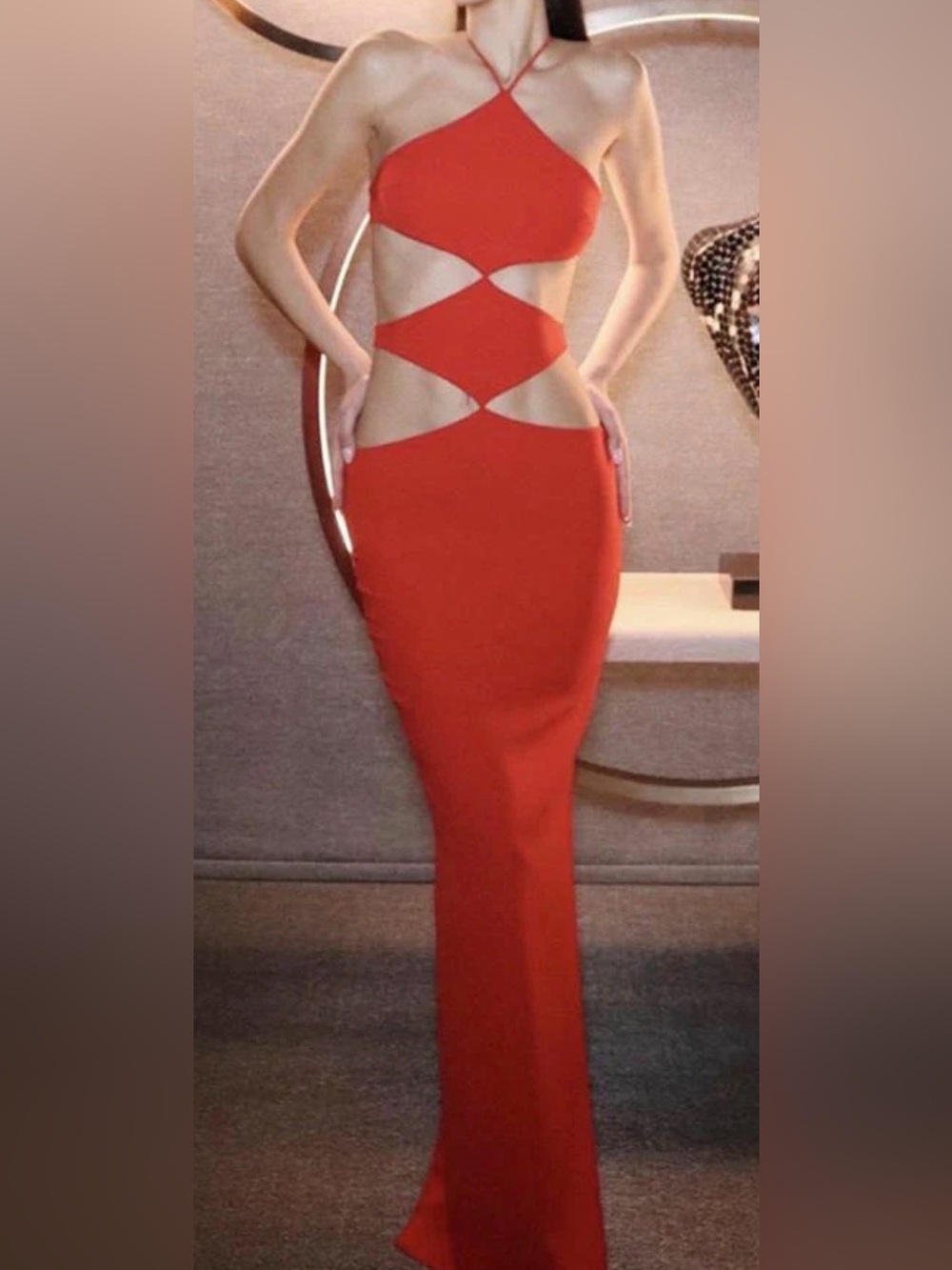 Maxim Red Cut Out Halter Maxi Dress Open Back Evening Gown XS NWT